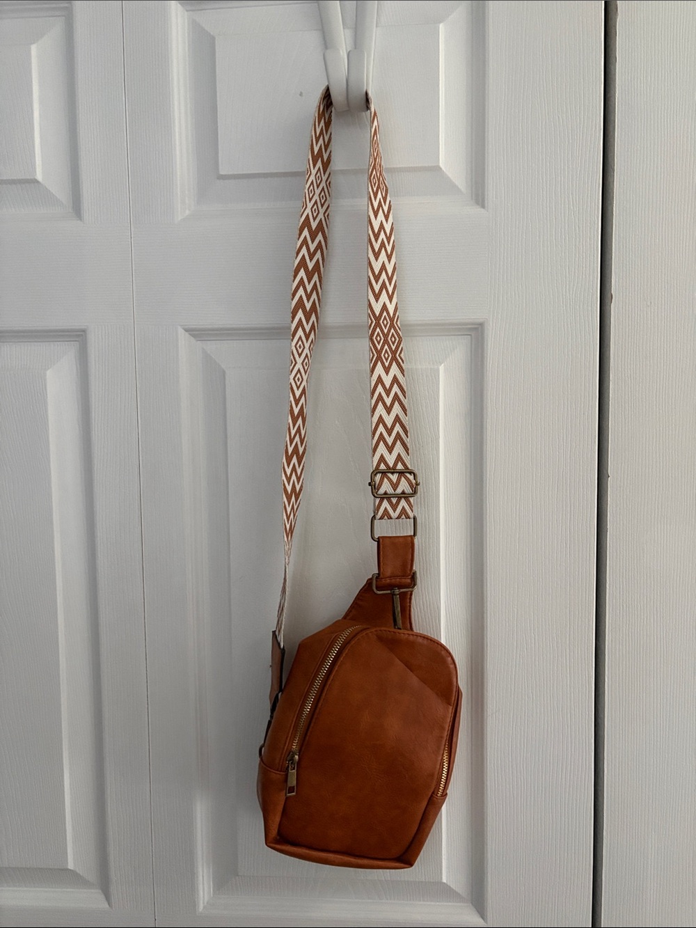 Camel Brown faux Leather Crossbody Sling Bag with Patterned Strap